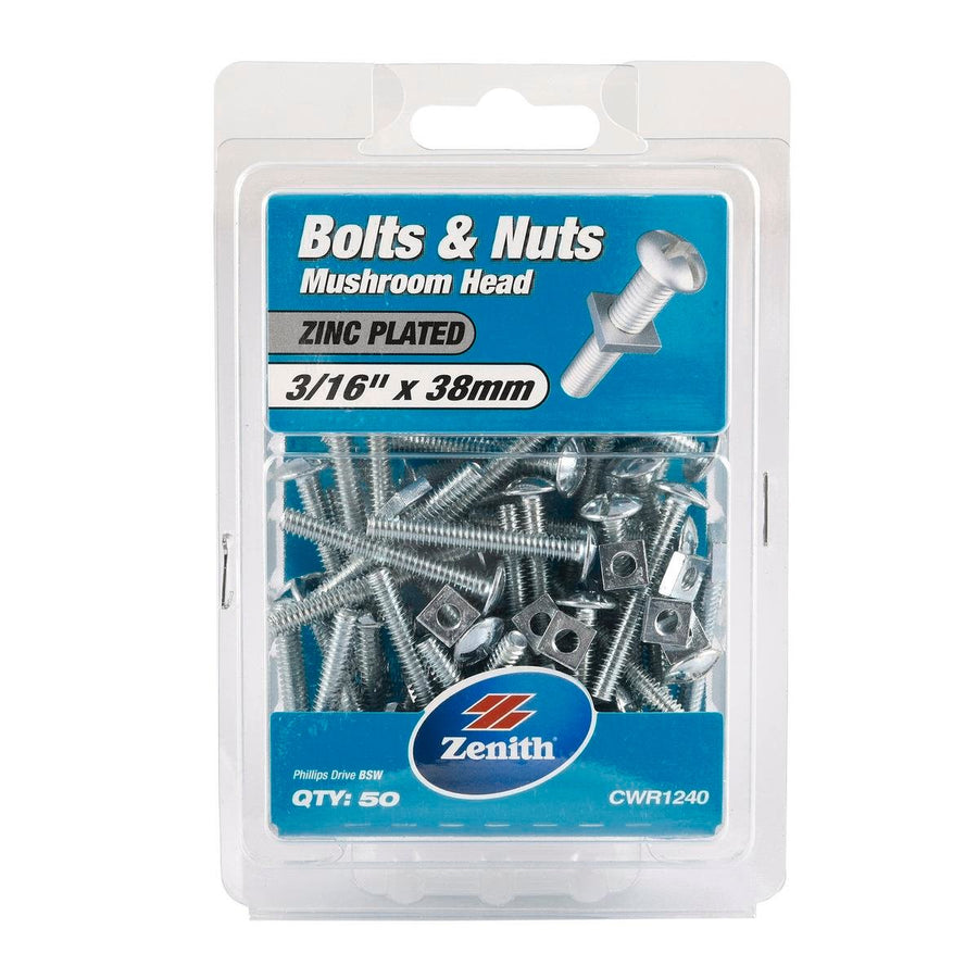 Zenith 3 Bolt and Nut 16 x 38mm Zinc Plated Mushroom Head 50 Pack - Durable Fastening Solutions - SuperSaverAU - view 1