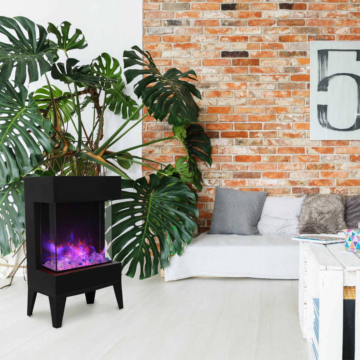 Amantii The Cube electric fireplace - 1500W, remote control, log set, black with glass front - CUBE-2025LEGS