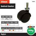 Move It 30mm Hooded Thread Pin Furniture Castor, Nylon Twin Wheel Swivel, 30kg - 2 Pack
