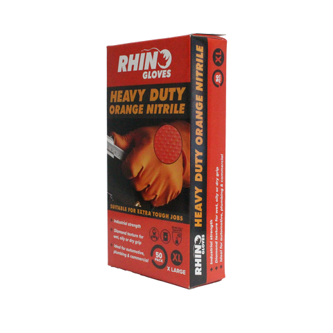 Rhino Extra Large Nitrile Disposable Gloves - Orange - Heavy Duty - 125mm x 235mm - Puncture Resistant - Secure Grip - SuperSaverAU - view 1