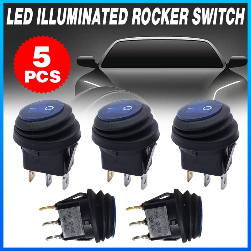 12V 20A Round Waterproof LED Rocker Switch for Cars and Boats, Set of 5