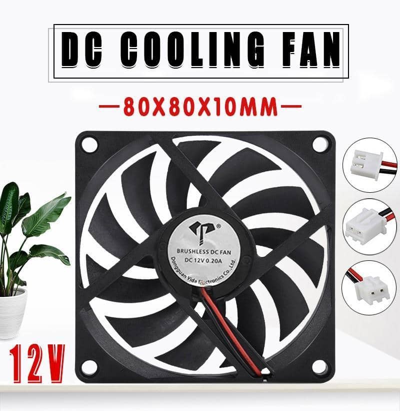 12V 80mm DC Cooling Fan 2-Pin Brushless for PC Case or Hydroponics - Pack of 2