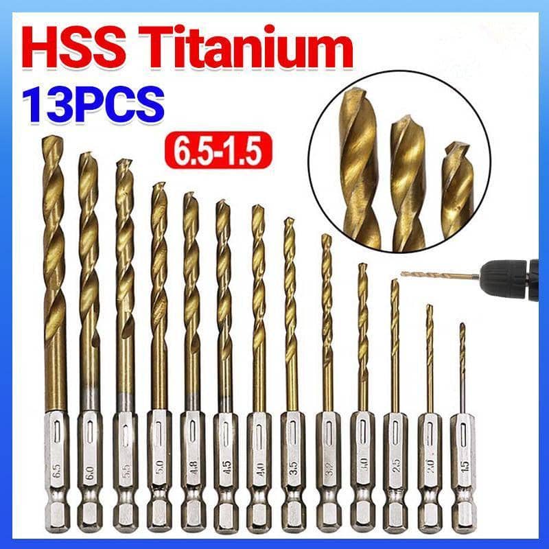 13 Piece HSS Titanium Hex Shank Drill Bit Set 1.5 to 6.5 mm for Metal, Wood and Timber