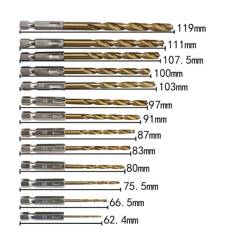 13 Piece HSS Titanium Hex Shank Drill Bit Set 1.5 to 6.5 mm for Metal, Wood and Timber - view 3