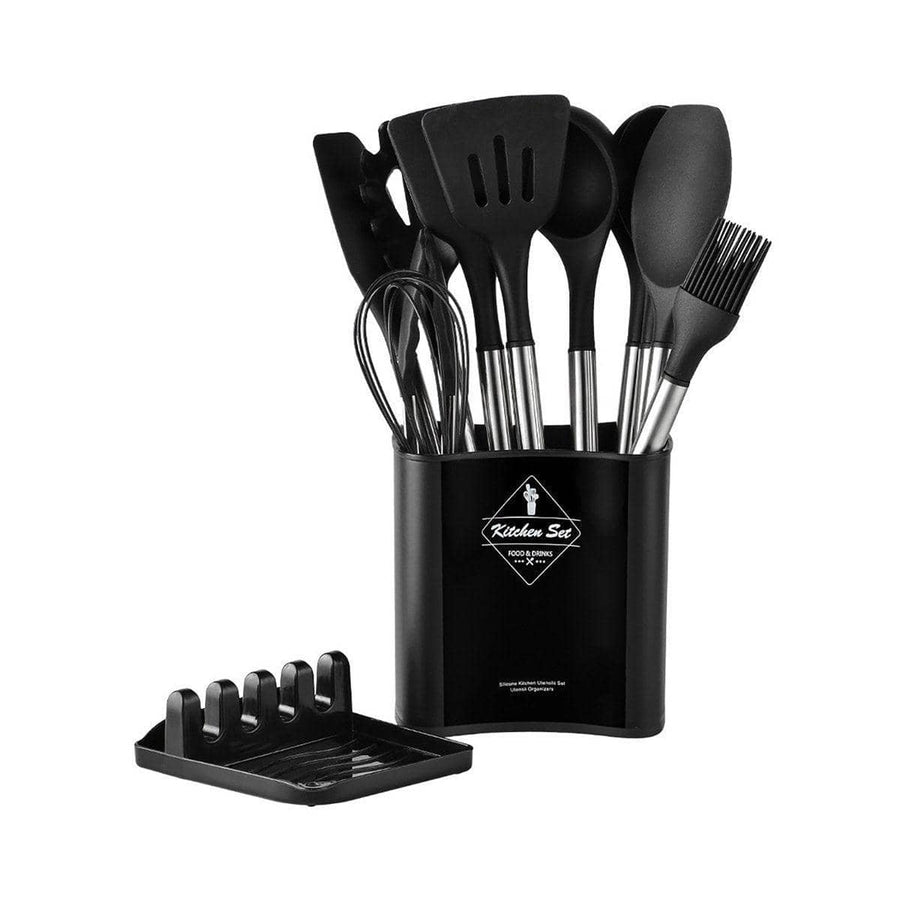 13-Piece Silicone Kitchen Utensil Set, Stainless Steel Handles - Black
