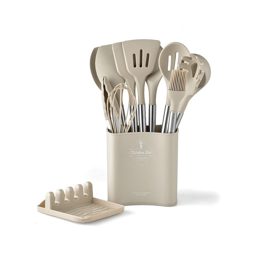 13-Piece Silicone Kitchen Utensil Set, Stainless Steel Handles - Khaki