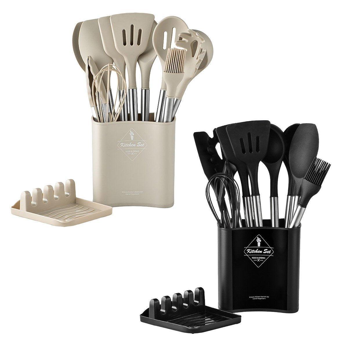 13-Piece Silicone Kitchen Utensil Set, Stainless Steel Handles - Khaki - view 3