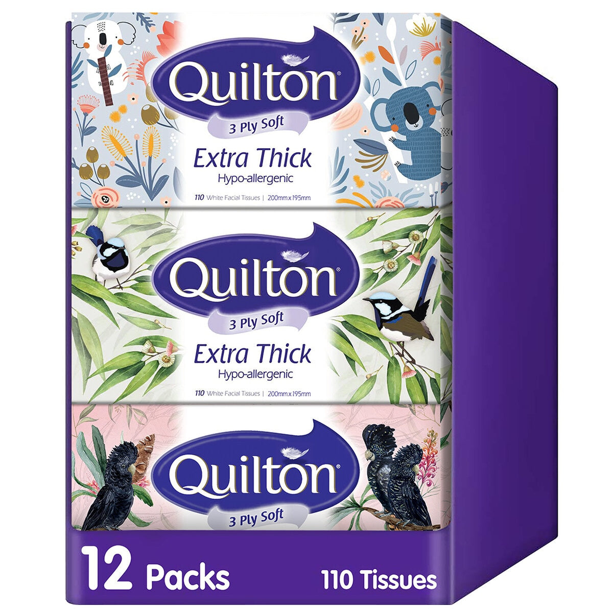Quilton 3 Ply Facial Tissues 12 x 110 Sheets - Extra Thick, Premium Quality - SuperSaverAU - view 1