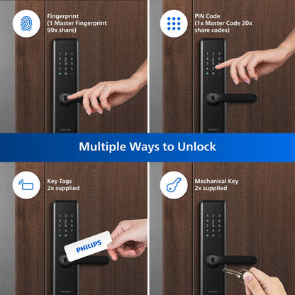 Philips Easykey Bluetooth Mortise Handle Lock - Black - Keyless Entry - 100 Fingerprints - 8 AA Batteries