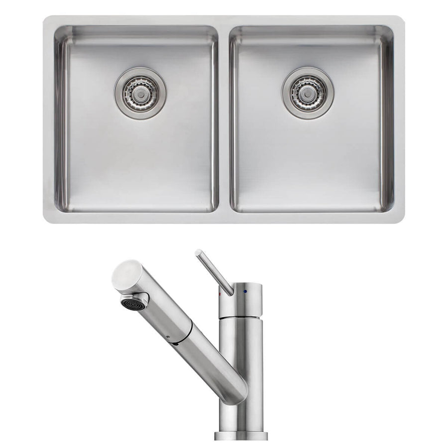 Oliveri Sonetto double bowl sink and Essente pull out tap - top mount or undermount - SS31615SN63TU