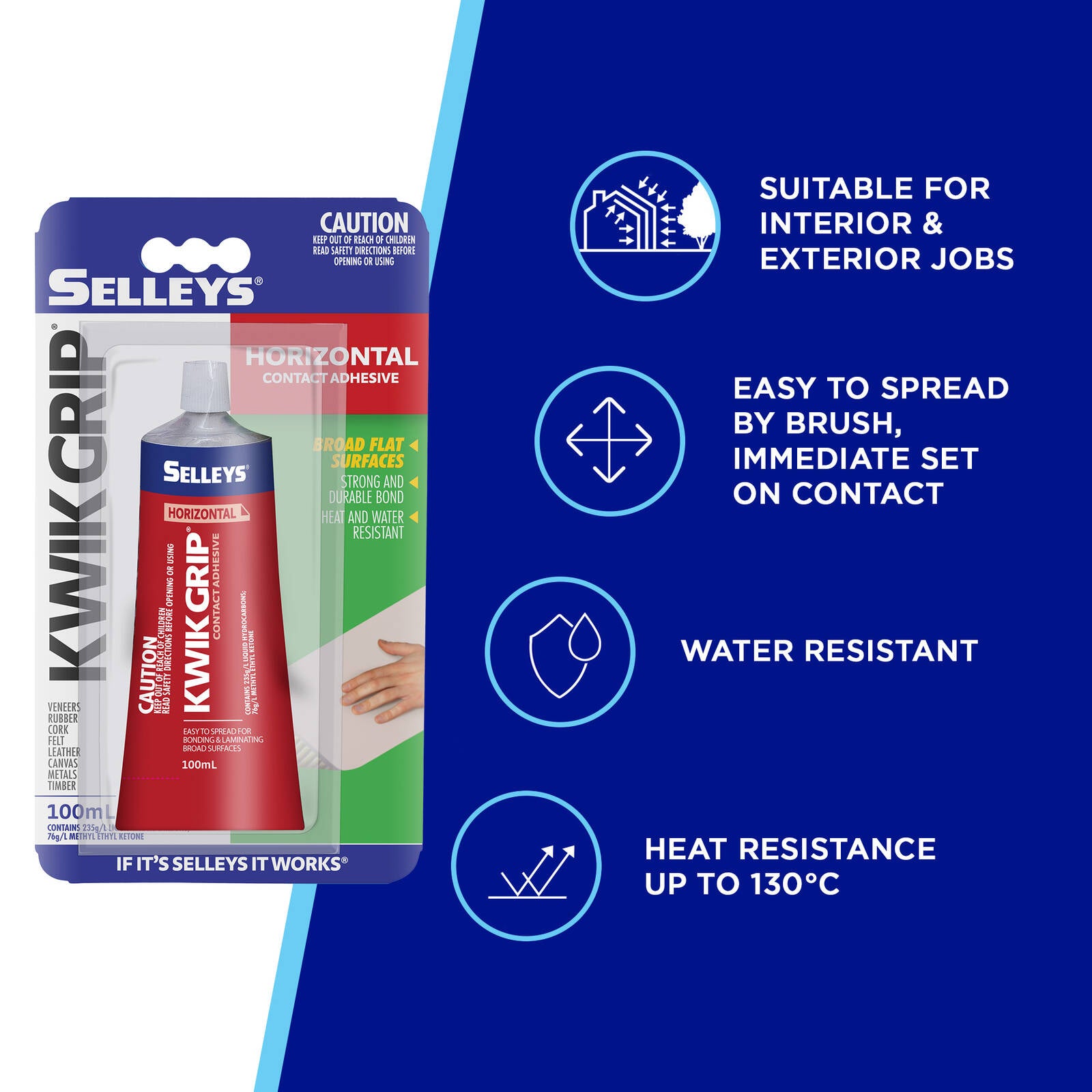 Selleys 100ml Kwik Grip Horizontal Contact Adhesive - Solvent-Based, Instant Bond