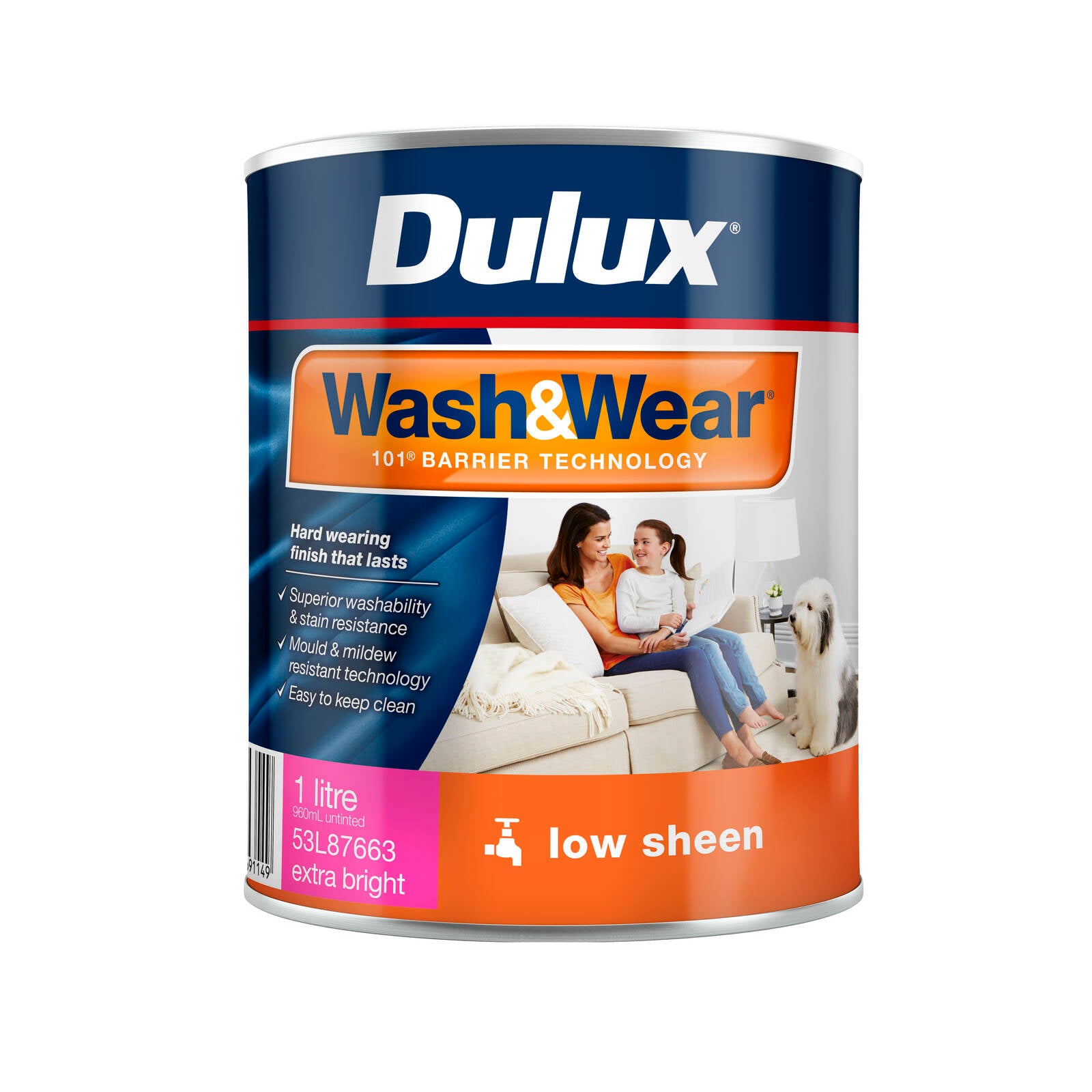 Dulux Wash&Wear 1L Extra Bright Base Low Sheen Interior Paint, Tintable