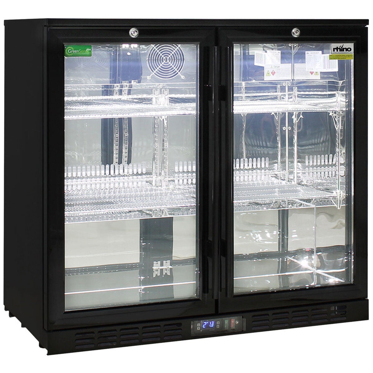 Rhino 208L Double Door Heated Glass Under Bench Beverage Centre - Black, Lockable Doors - SG2H-B-HD