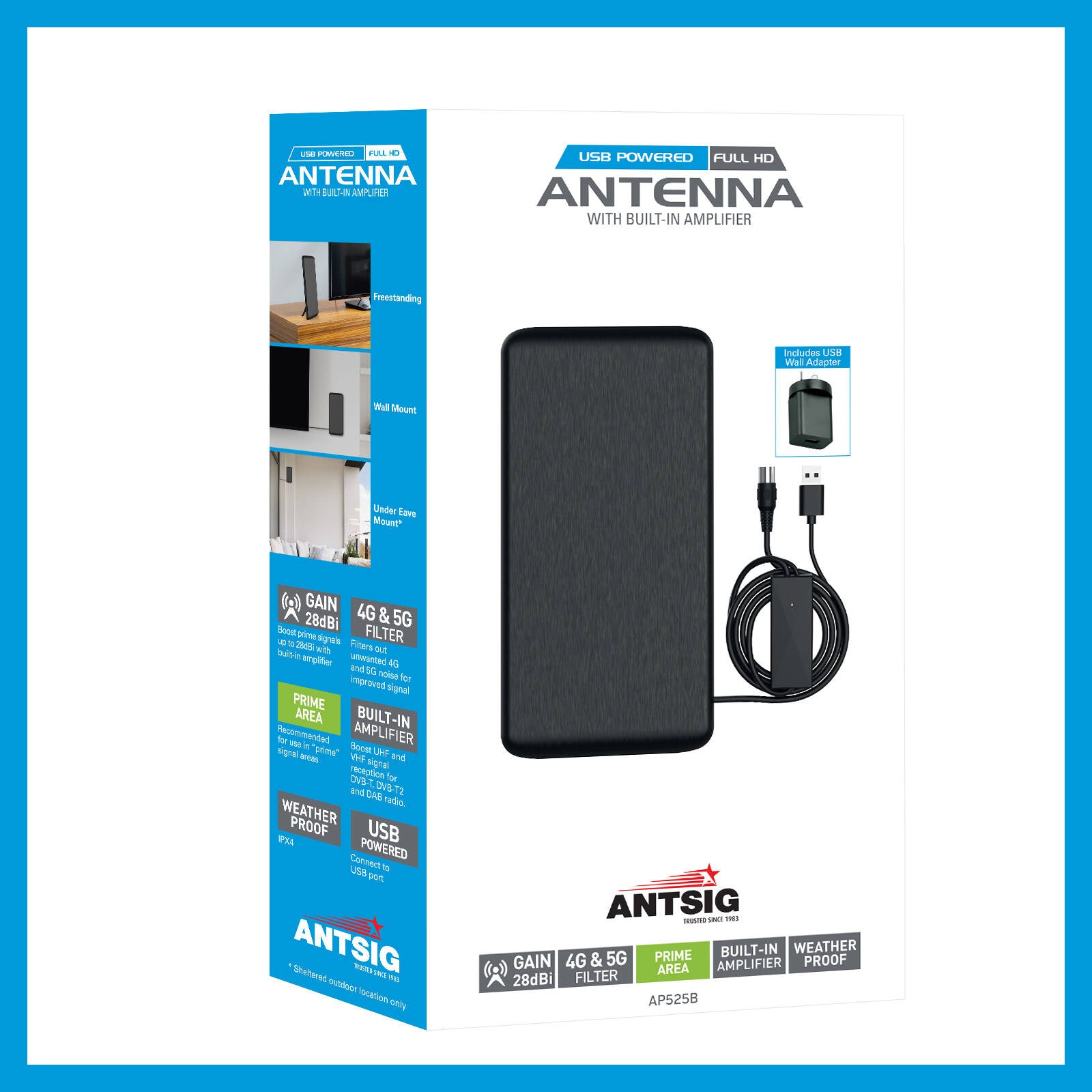 Antsig Indoor TV Antenna 28dB Gain HD UHF/VHF Black AP525B