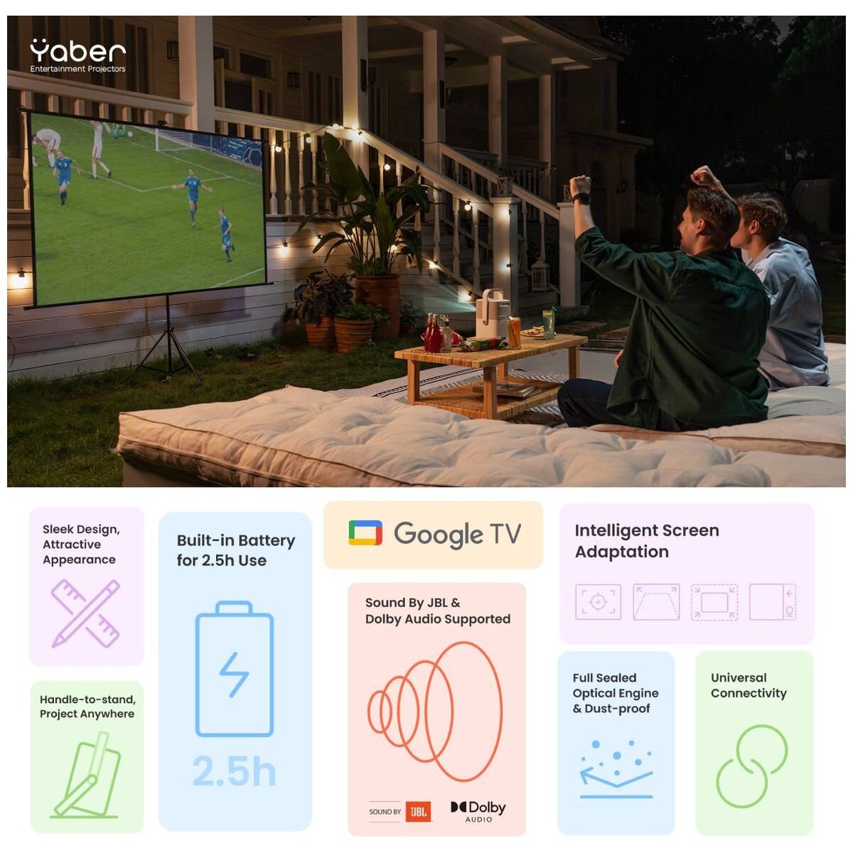 Yaber T2 Plus Portable Projector - Full HD 1080p, Auto Keystone, JBL-Tuned Speakers, Grey - 24260709014115