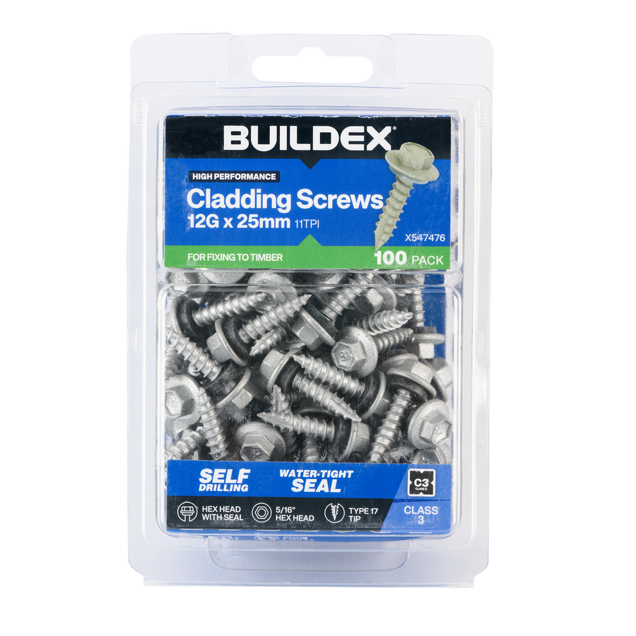 Buildex 12g x 25mm Class 3 Cladding Screws - 100 Pack - Zinc-Alloy - Type 17 - SuperSaverAU - view 1