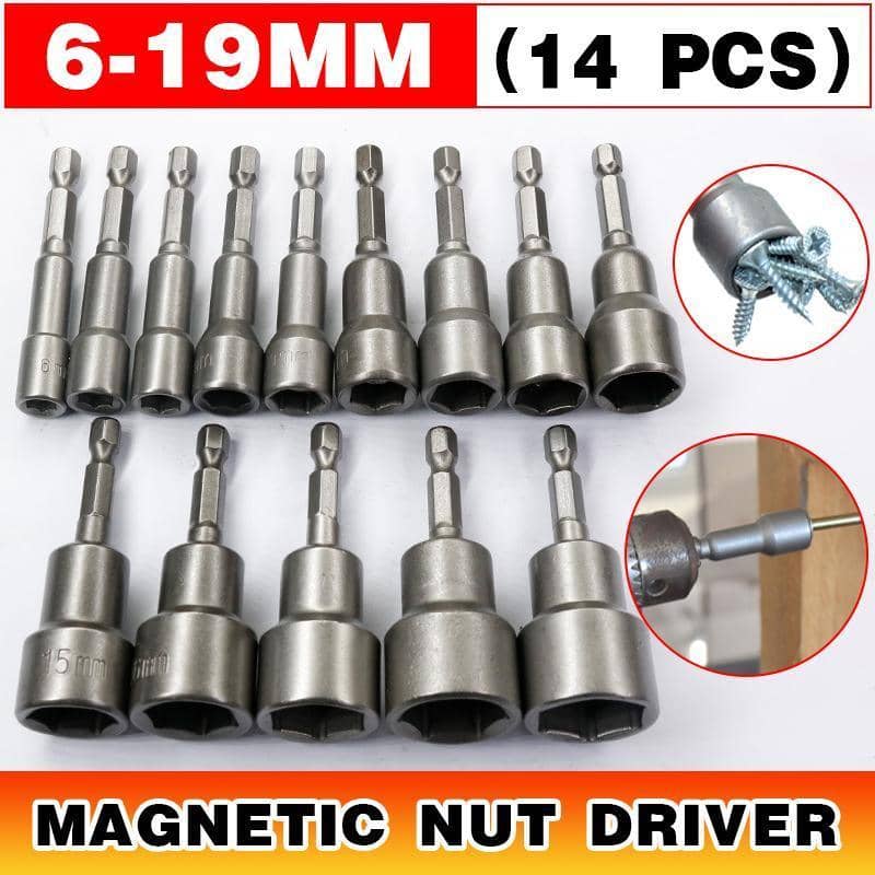 14 Sizes Socket Nut Driver Set with Bit Retention, 6-19mm Hex Shank