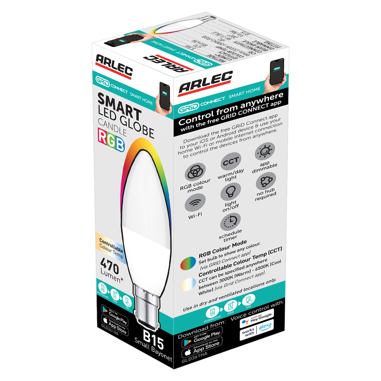 Arlec B15 LED 470lm 5.5W RGB Grid Connect Smart Candle Globe