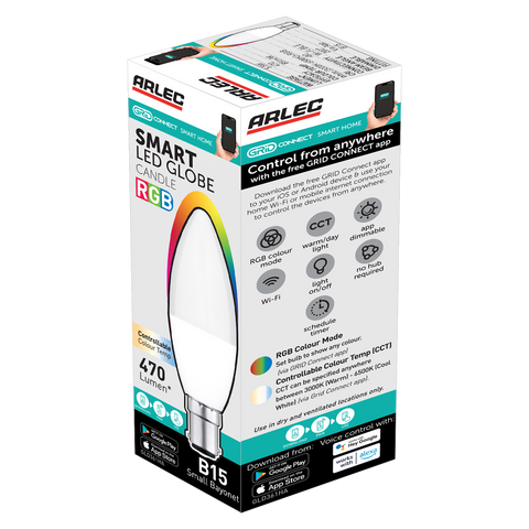 Arlec B15 LED 470lm 5.5W RGB Grid Connect Smart Candle Globe