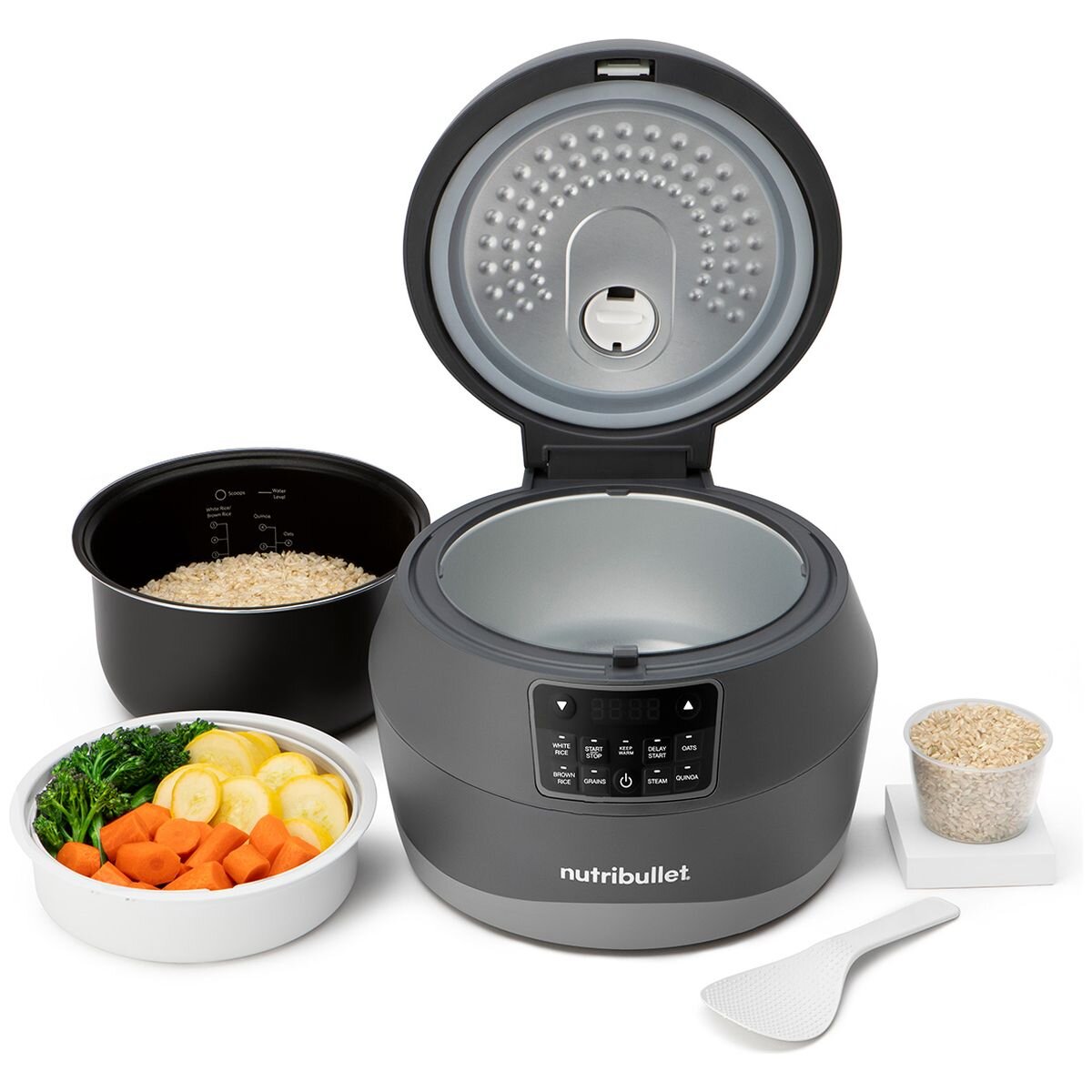 NutriBullet EveryGrain Cooker - 10 cup bowl, 5 grain cooking modes, delay start, dark grey - NBG07100