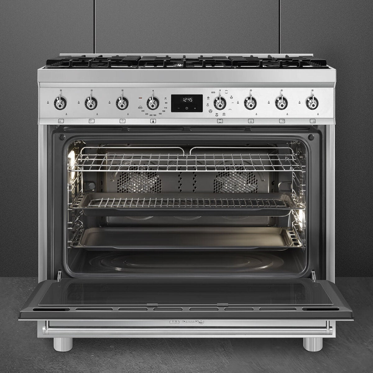Smeg 90cm Classic Dual Fuel Freestanding Oven - 126L, Six Burner Gas Cooktop, Stainless Steel - CS9GMXA2