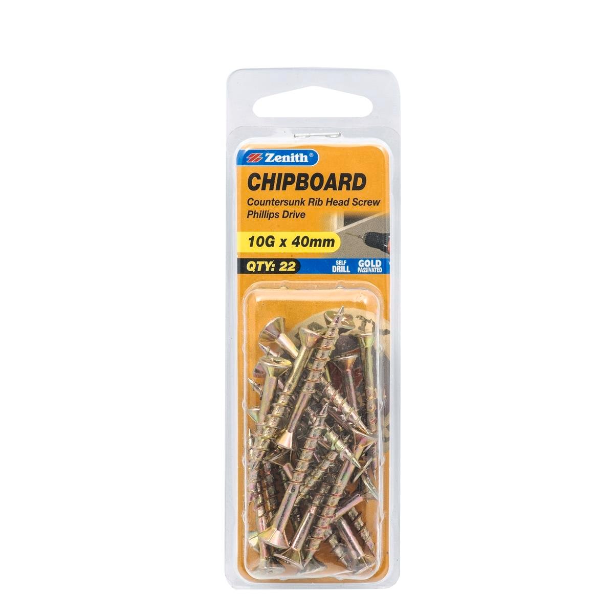 Zenith 10g x 40mm Countersunk Rib Head Chipboard Screws - 22 Pack - Yellow - Self-Drilling - SuperSaverAU - view 1