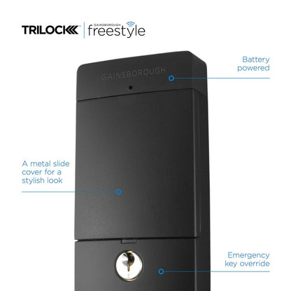 Gainsborough Freestyle Wifi Smart Lock Trilock - Matte Black - 68mm x 238mm - Concealed Keypad - App Control