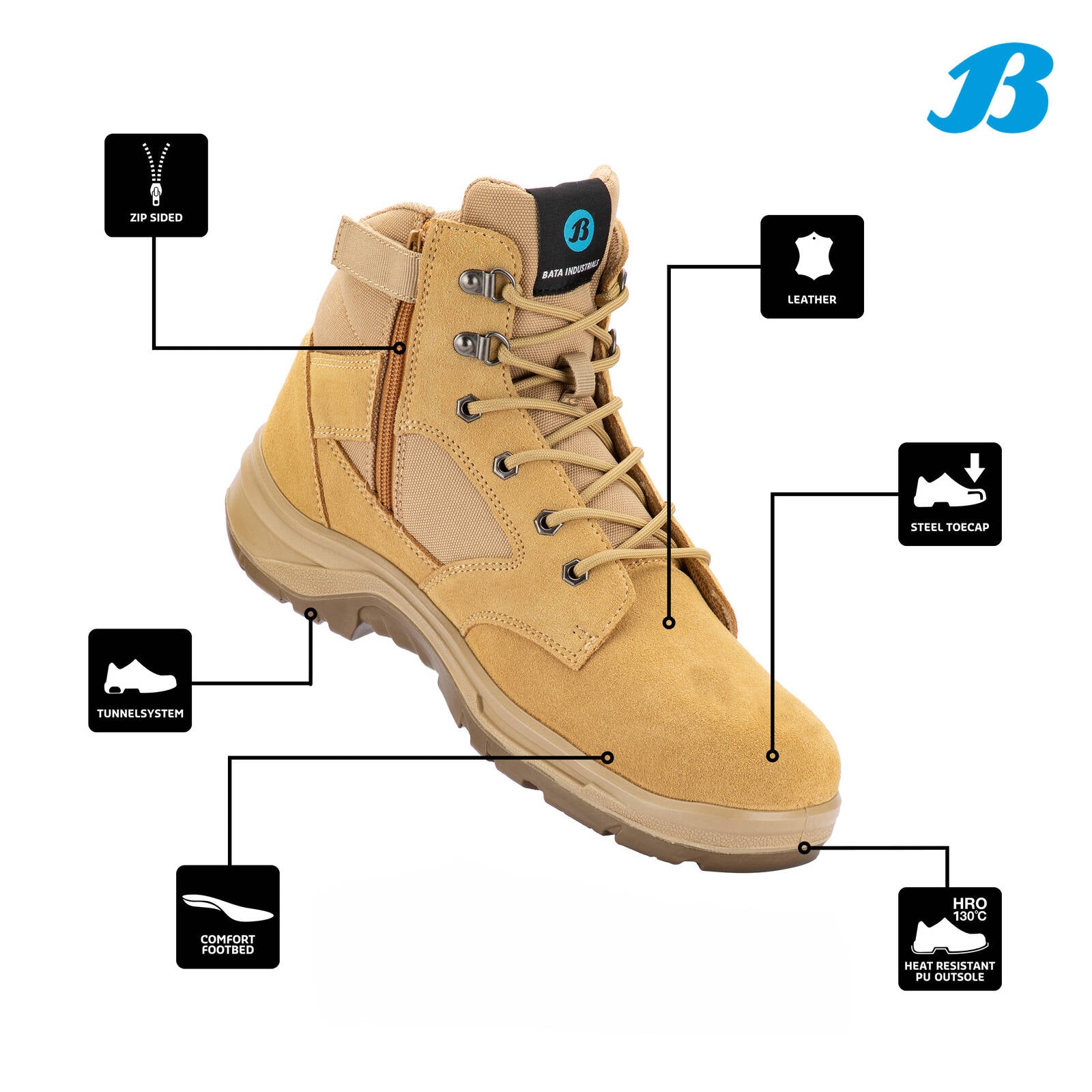 Bata Industrials Men's Bobcat Zip Side Safety Boot Steel Cap Leather Wheat UK Size 9