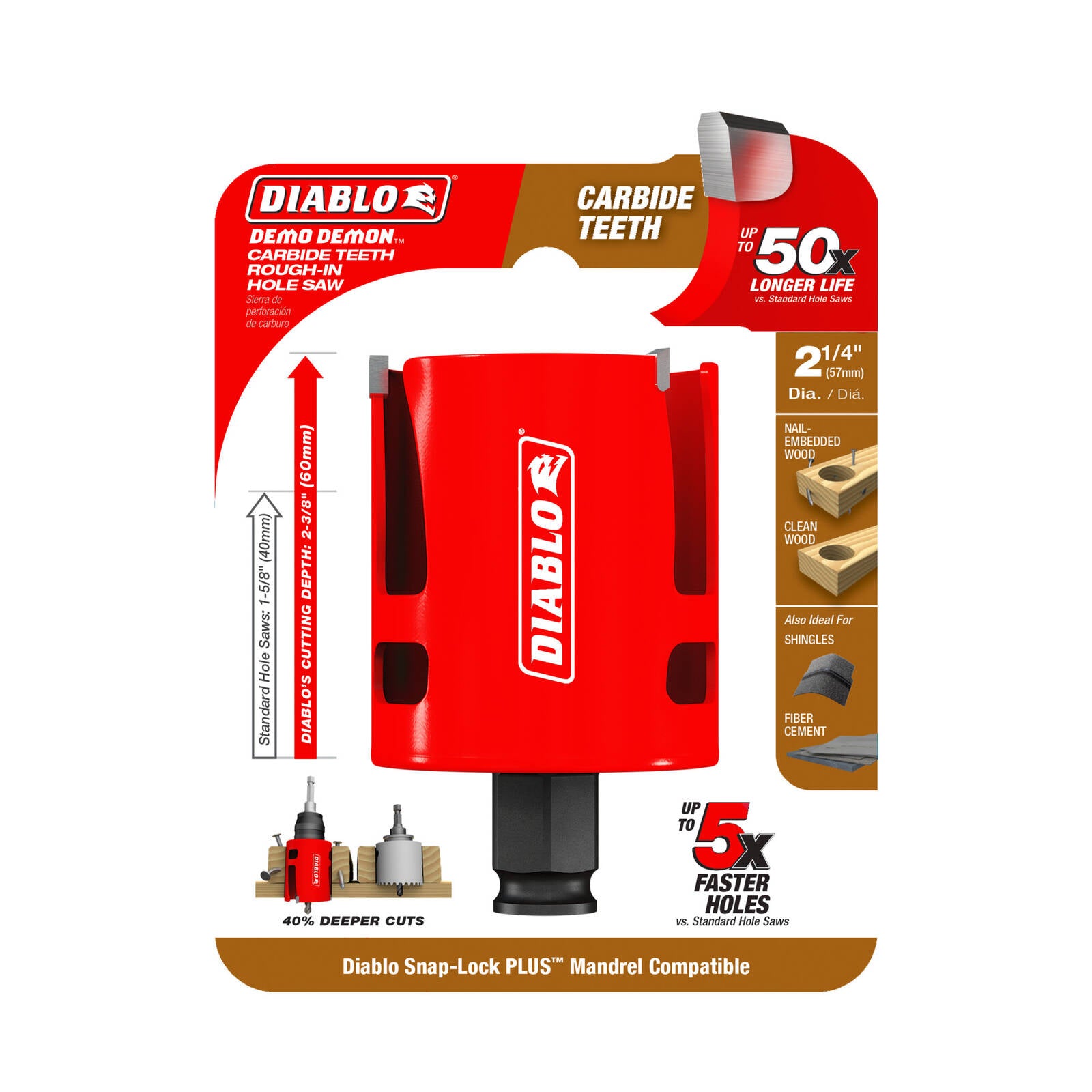 Diablo 2-1/4 inch Demo Demon Carbide Rough-In Hole Saw, 60mm Depth