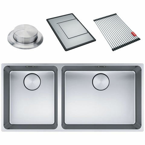 Franke Double Bowl Sink with Accessories - Left-Hand Layout, Rollamat, Remote Waste - MYX220-5034FPCSBL