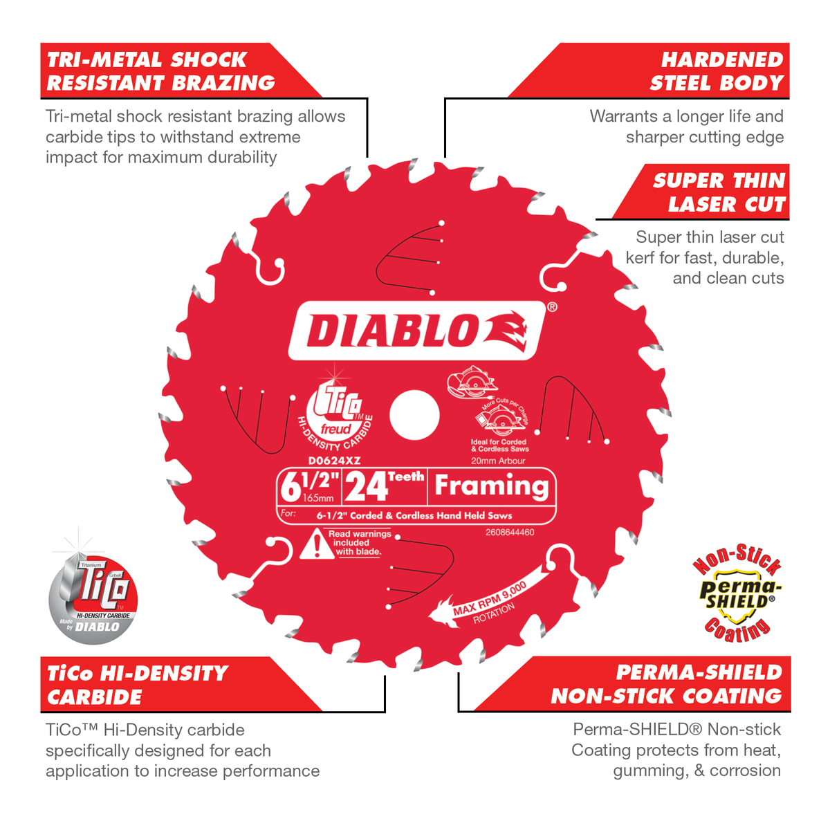 Diablo 165mm Circular Saw Blade - Steel - 24T - Durable & Efficient