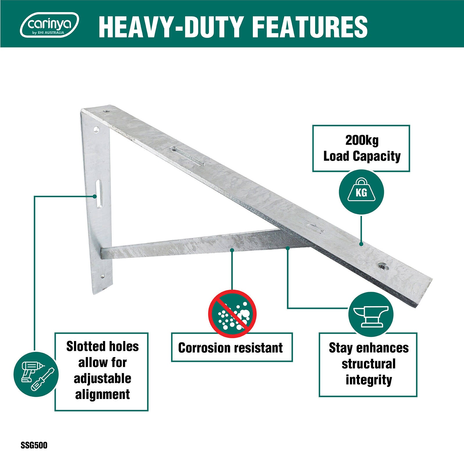 Carinya 500 x 400mm Galvanised Steel Heavy Duty Straight Stay Bracket 200kg