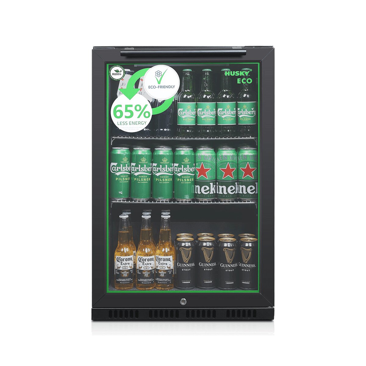 Husky 90L single door homebar drinks chiller - black, glass door, LED eco-lighting - C1HECO840BKAU