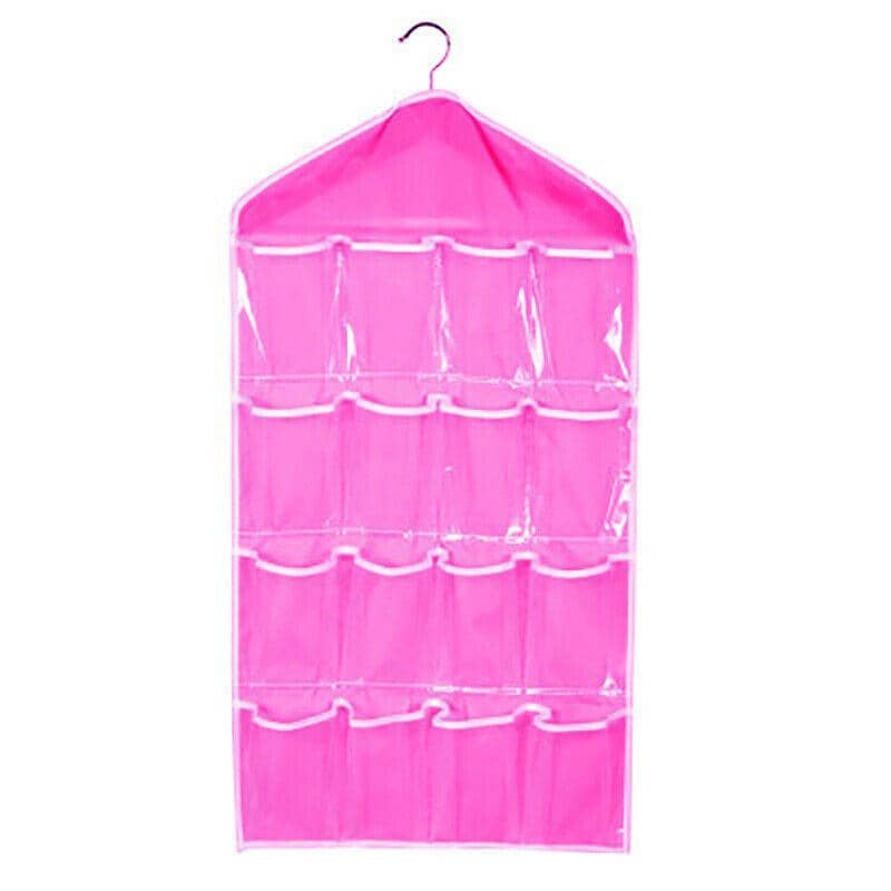 16 Pocket Hanging Wardrobe Storage Organiser for Socks and Underwear - Hot Pink