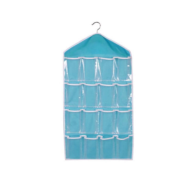 16 Pocket Hanging Wardrobe Storage Organiser for Socks and Underwear - Sky Blue