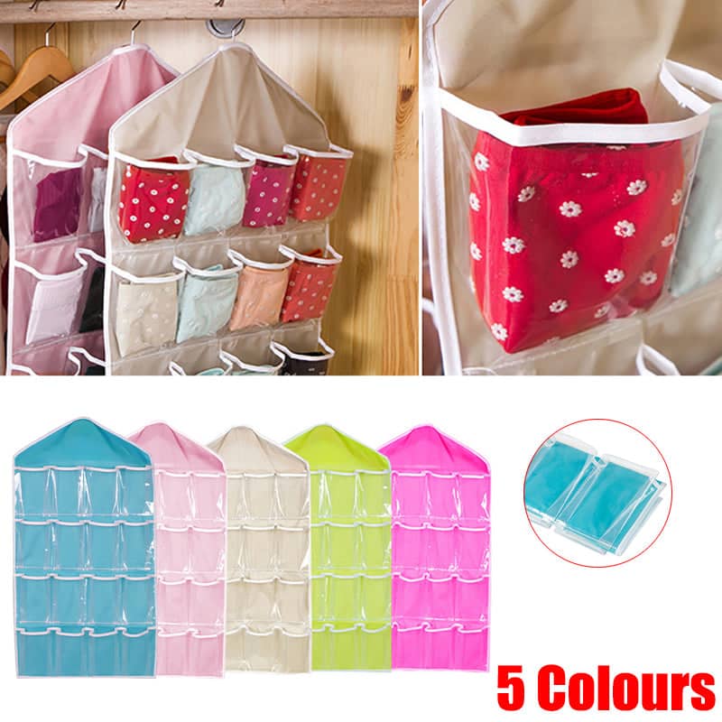 16 Pocket Hanging Wardrobe Storage Organiser for Socks and Underwear - Sky Blue - view 2