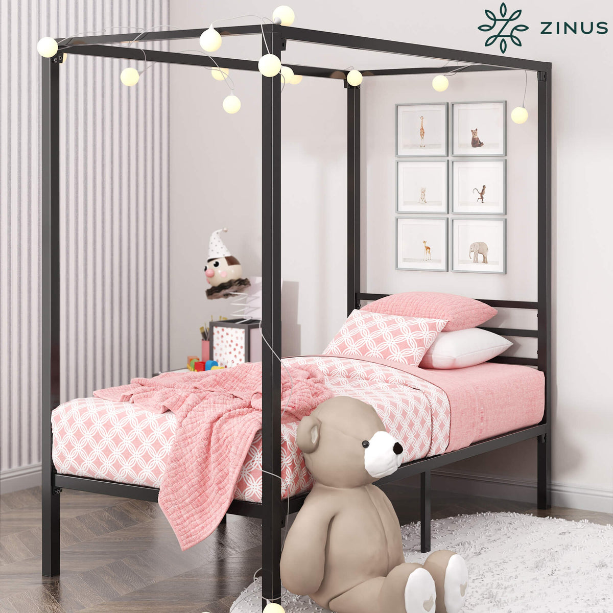 Zinus Patricia Single Metal Canopy Bed Frame in Black - Steel Frame, Underbed Storage - AU-CPBF-S