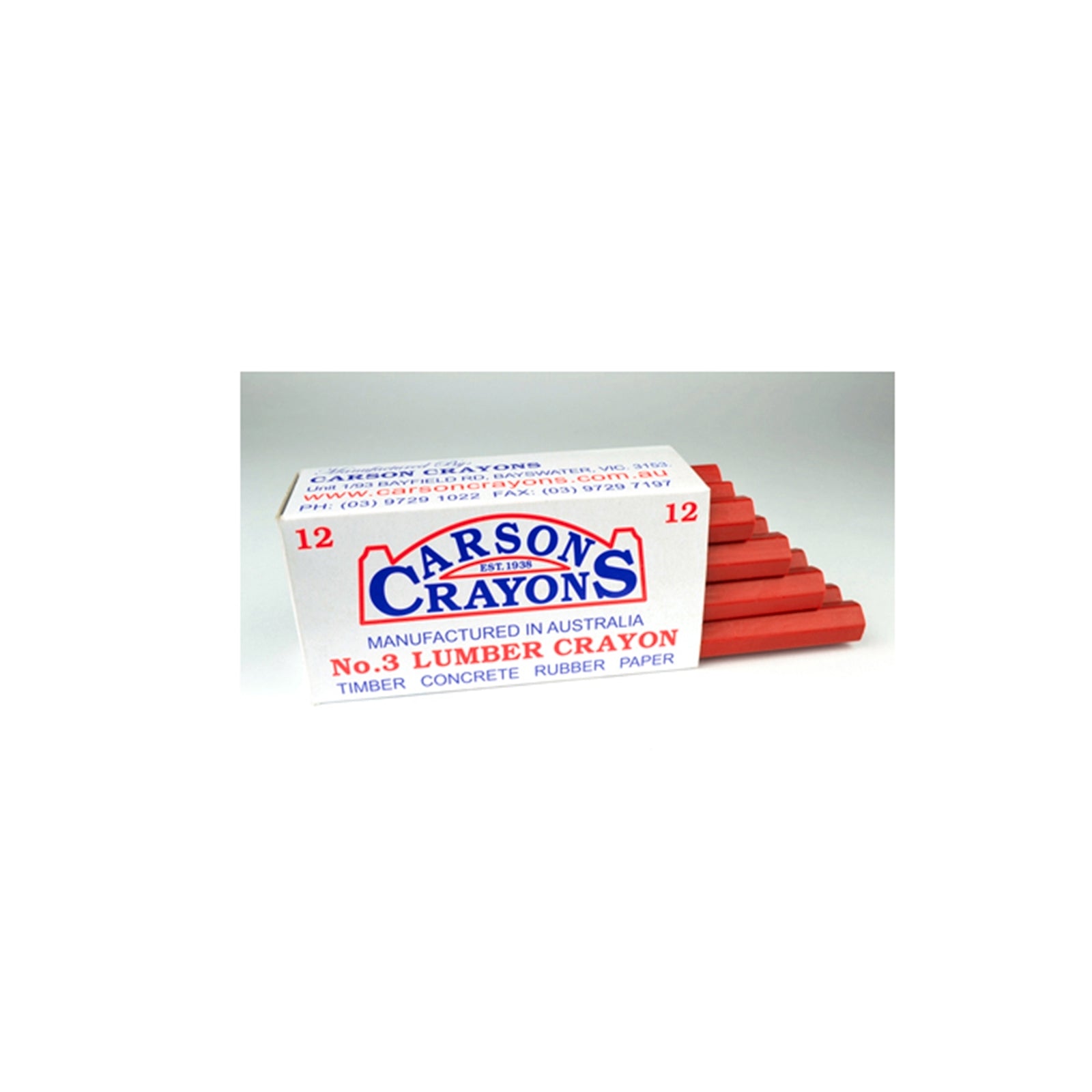 Carson Crayons Lumber No.3 Red 120mm, Wax/Clay Formula, Waterproof Marking Crayon
