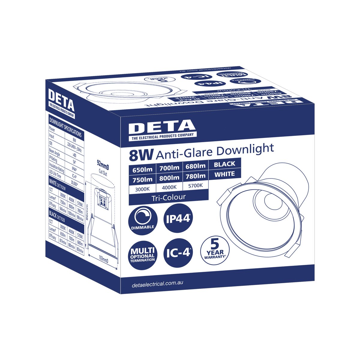 Deta 8W LED Downlight - Tri Colour Dimmable - Anti Glare - White - 103mm - SuperSaverAU - view 4