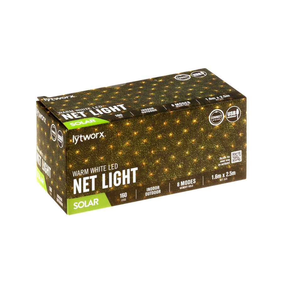Lytworx Solar Connectable Net Light 1.6 x 2.5m - Warm White - 160 LEDs - 8 Modes - SuperSaverAU - view 1