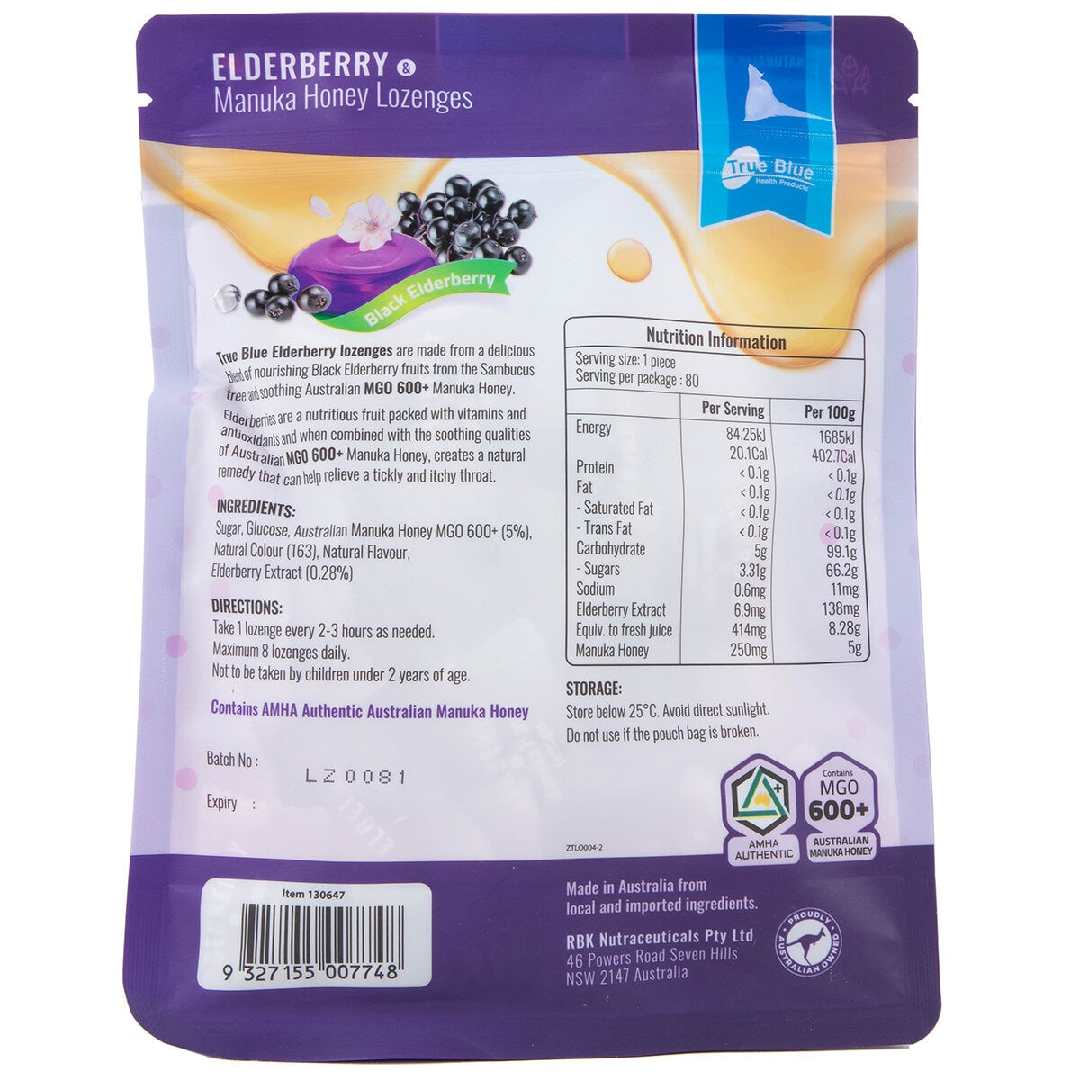 True Blue Elderberry And Manuka Honey Lozenges 400g