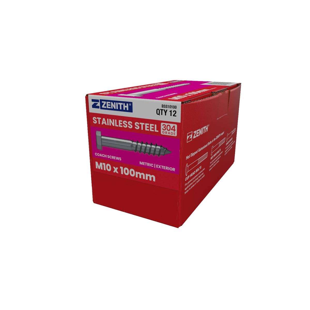 Zenith Stainless Steel 304 Hex Head Coach Screws M10 x 100mm 12 Pack - SuperSaverAU - view 1