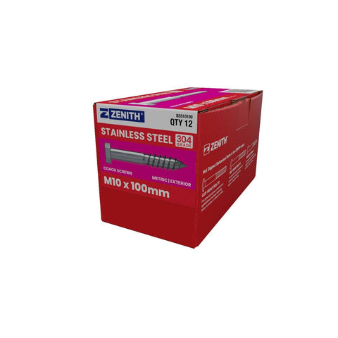 Zenith Stainless Steel 304 Hex Head Coach Screws M10 x 100mm 12 Pack - SuperSaverAU - view 1