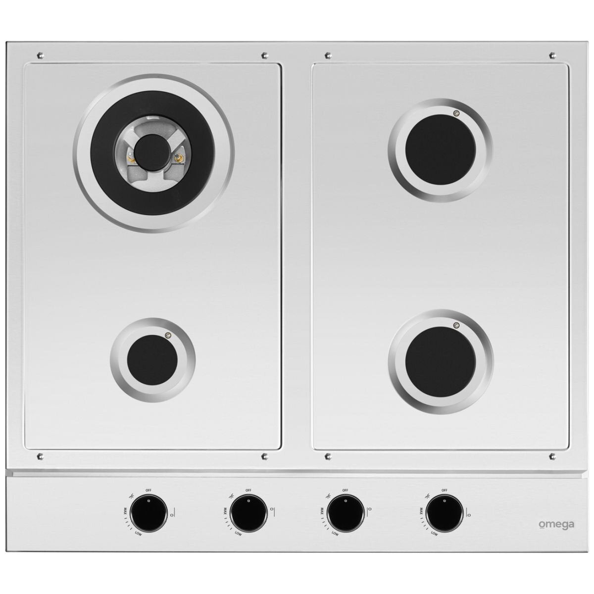 Omega 60cm Natural Gas Cooktop - Stainless Steel, Wok Burner, SafeSlide Cast Iron Trivets - OCG604WX
