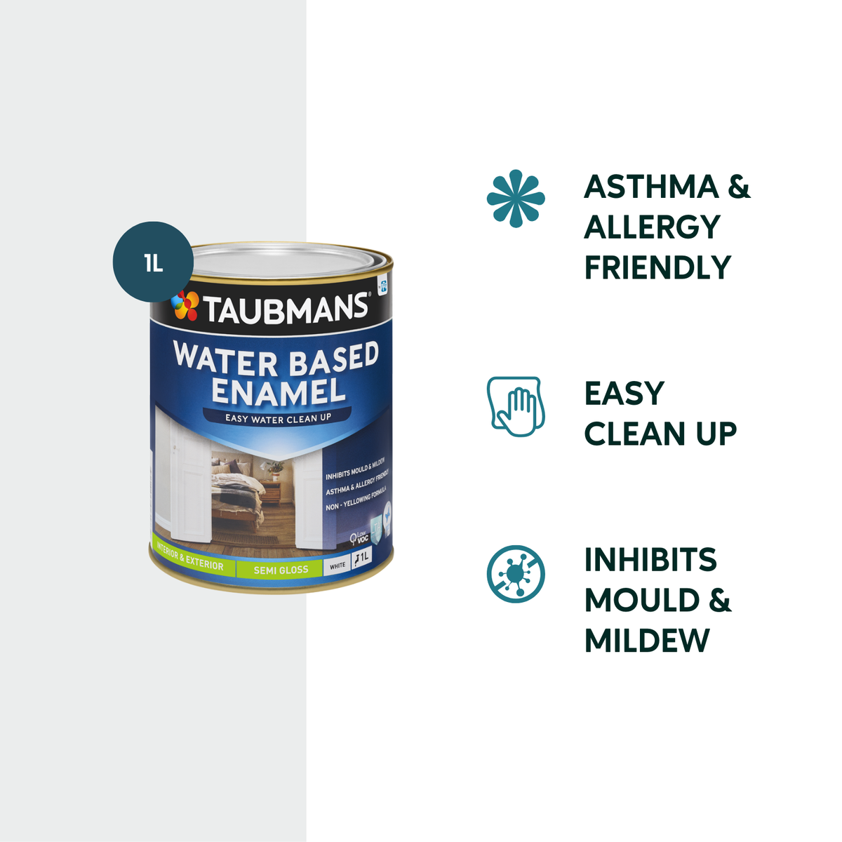 Taubmans 1L White Semi Gloss Water Based Enamel Paint - Easy Clean-Up - Mould Resistant - SuperSaverAU - view 2