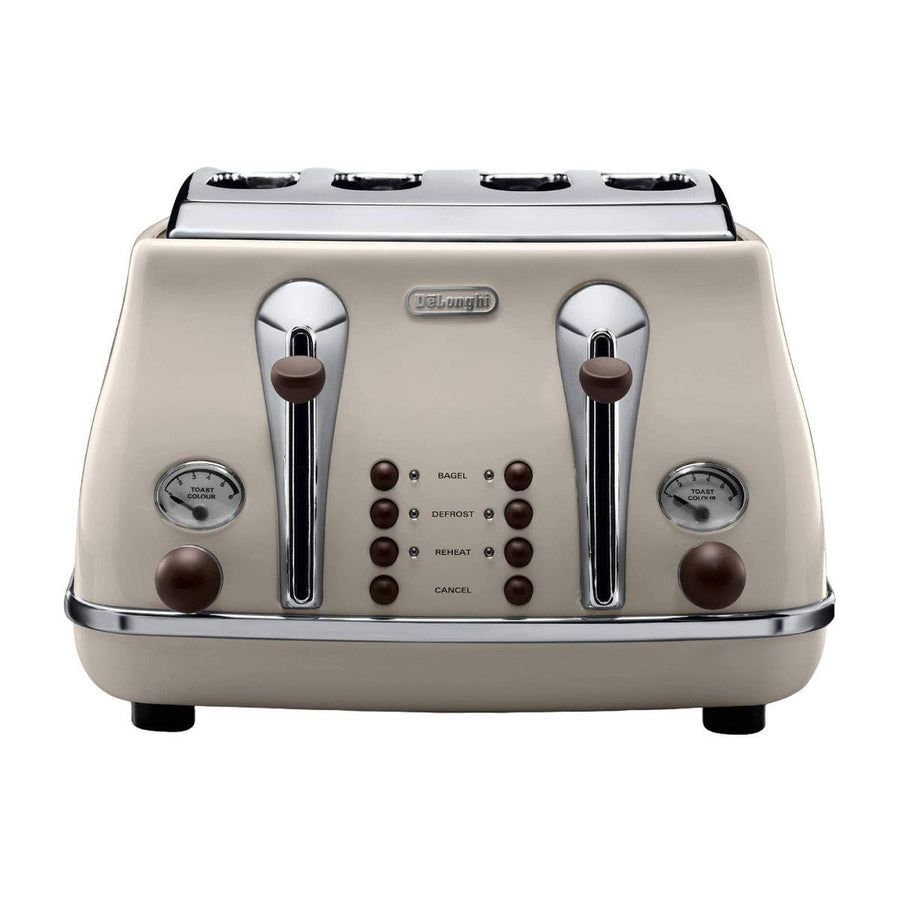 Delonghi Icona Vintage 4 Slice Toaster 325mm Beige - Stainless Steel - Extra Wide Slots - SuperSaverAU - view 1