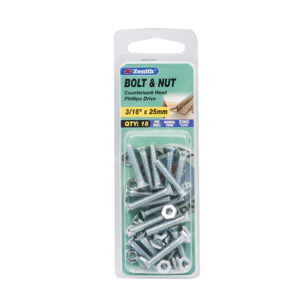 Zenith Countersunk Bolt & Nut - 3/16 x 25mm - Zinc Plated - Flush Finish - 18 Pack - SuperSaverAU - view 1