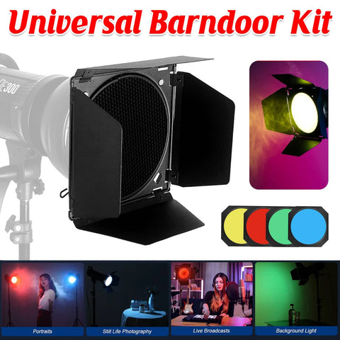 17.8 cm Four Leaf Barn Door Kit with Honeycomb Grid and Colour Gels for Flash Photography