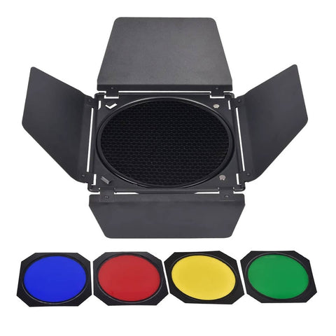 17.8 cm Four Leaf Barn Door Kit with Honeycomb Grid and Colour Gels for Flash Photography - view 2
