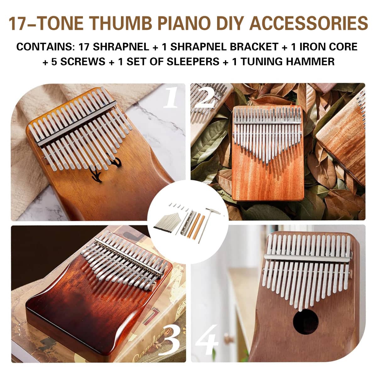 17 Tone Thumb Piano Repair Kit with Metal Keys, Soundboard and Tuning Hammer - view 5
